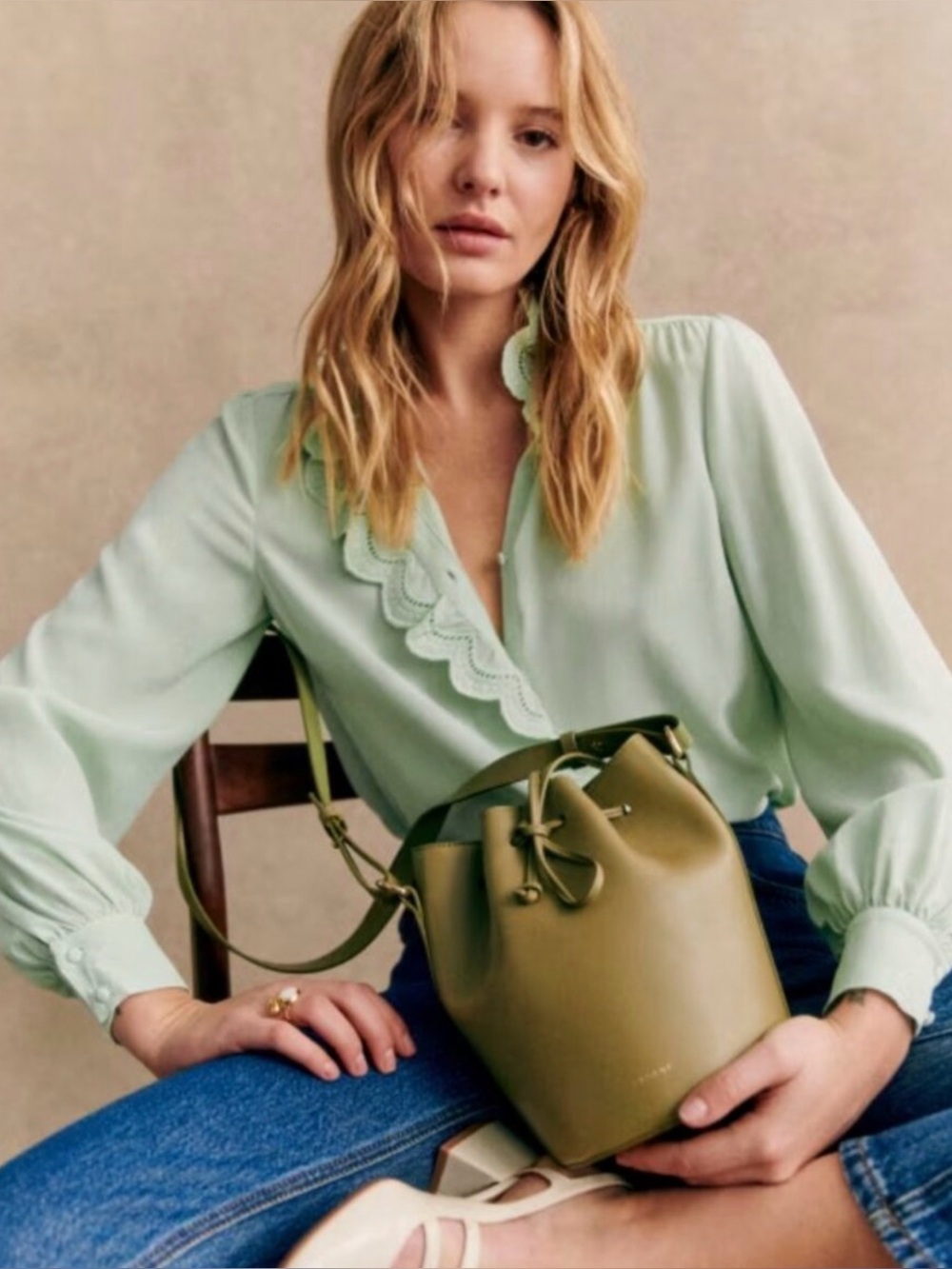 NWT Sézane Chlo Shirt 100% Silk Pastel Green Ruffle Collar Blouse US 6 / FR 38